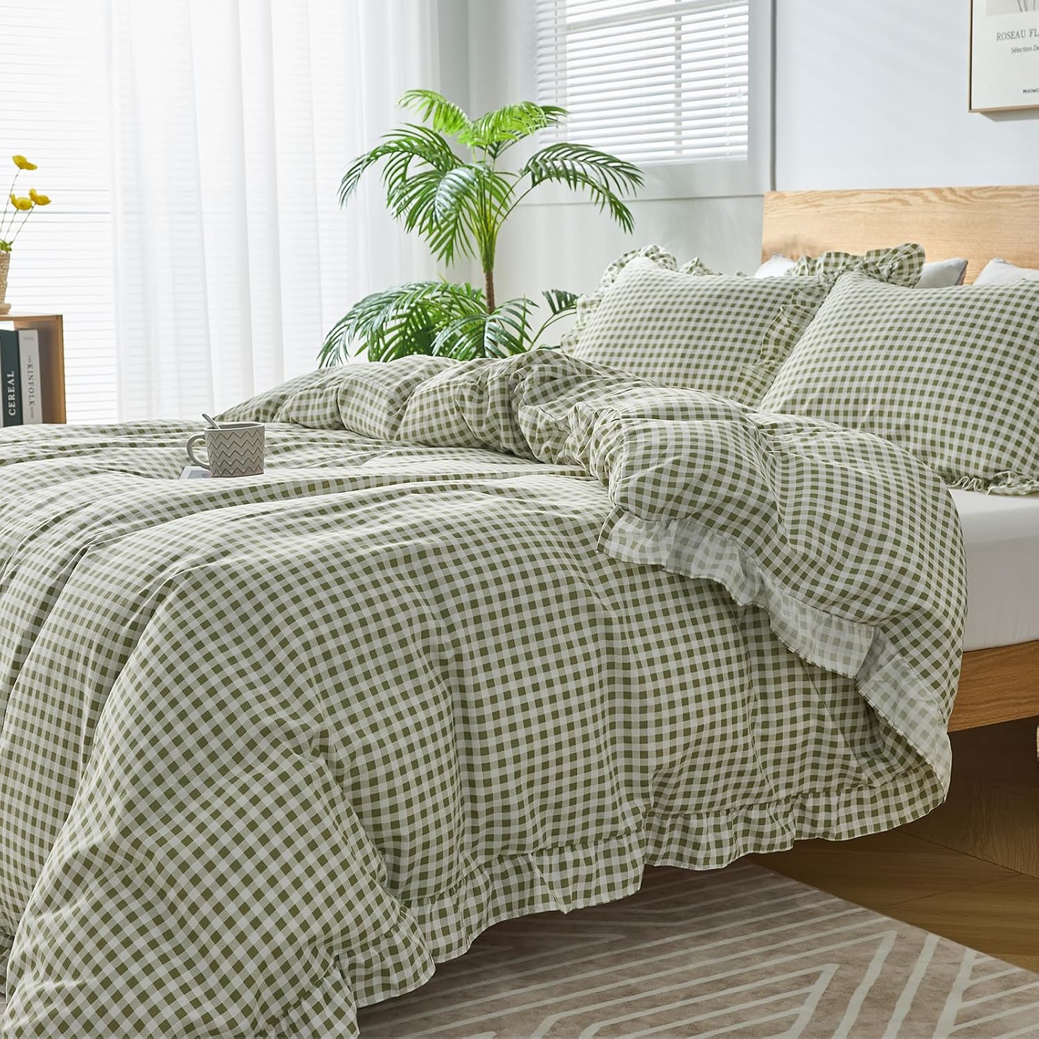 Regine Switzerland Gingham Duvet Cover Set - Soft Microfiber Queen Size with Zipper Closure & 2 Pillow Shams | Sage Green Farmhouse Decor
