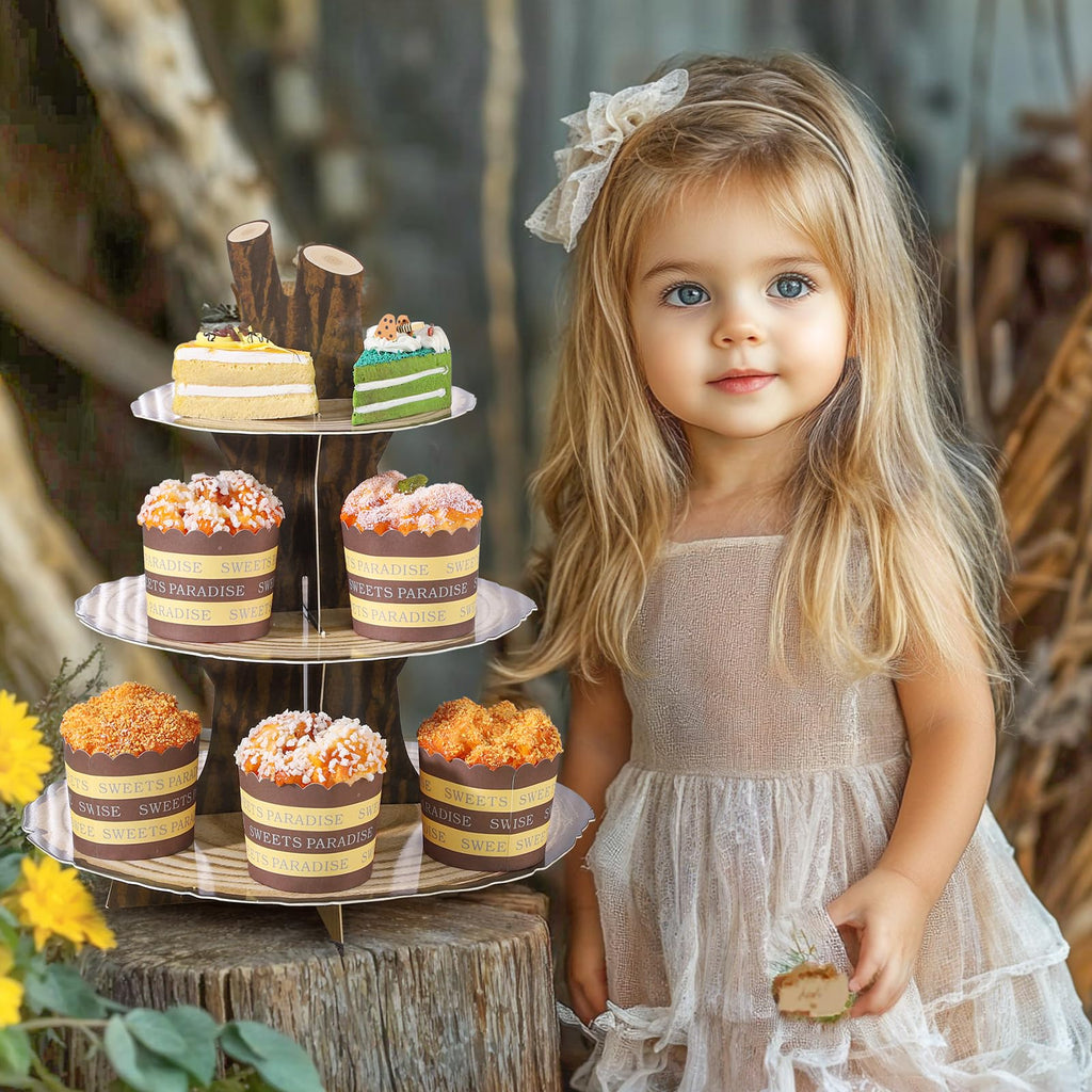 NatNarr 2 Pack Woodland Cupcake Stand Woodland Baby Shower Decorations 3 Tier Wooden Cupcake Stand Western Party Decor for Safari Baby Shower Birthday Forest Camping Party Supplies