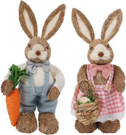 DR.DUDU Easter Decorations - Set of 2 14" Sisal Bunny Figurines with Carrot & Egg for Spring Home Decor