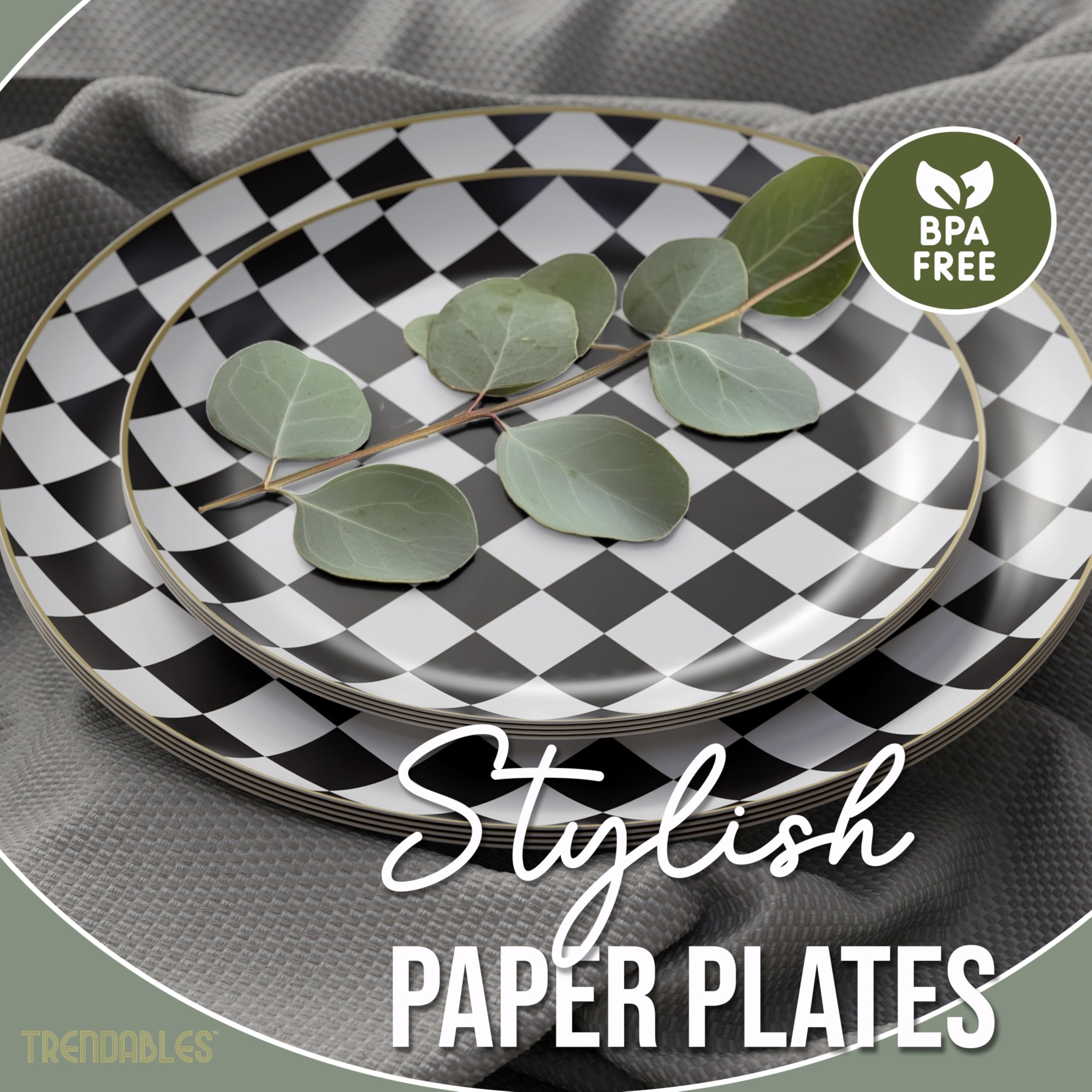 Trendables Heavy Duty Paper Plates Bulk 40 Pcs Disposable Party Plates - 20 X 8 Inch Dessert Plate & 20 X 10 Inch Paper Plate Checkered decor, black and white party decorations, race car decorations