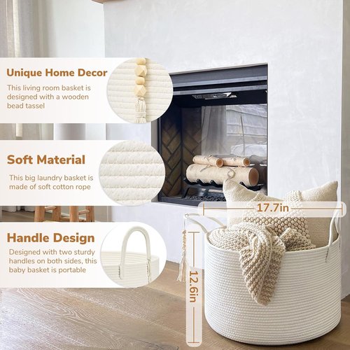 Goodpick Large Laundry Basket - Decorative White Rope Hamper for Blankets & Baby Storage | 17.7 x 12.6 Inches