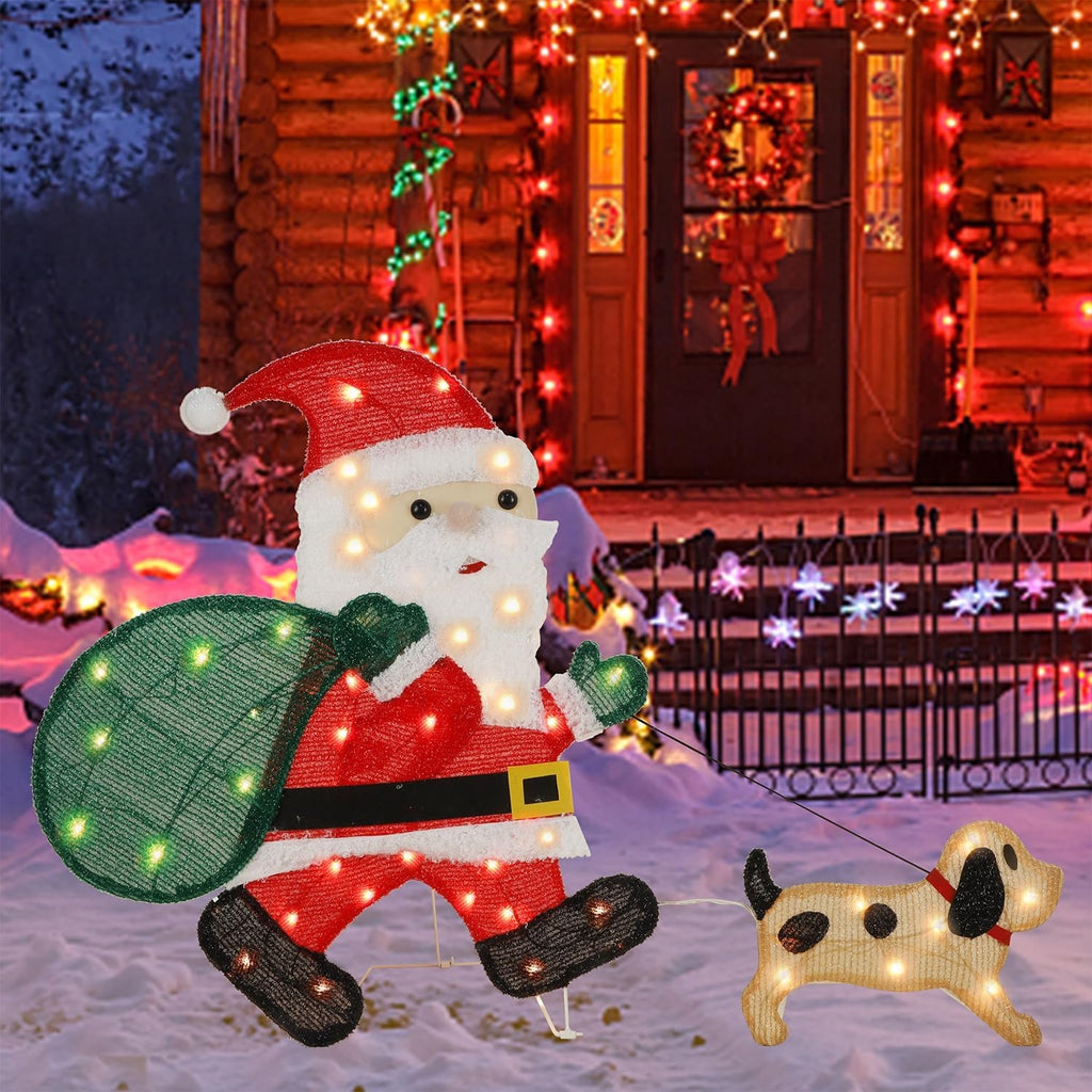 Waterglide Lighted Christmas Santa Claus with Puppy - 26.5 Inch Pre-Lit 2D Tinsel Outdoor Yard Decor