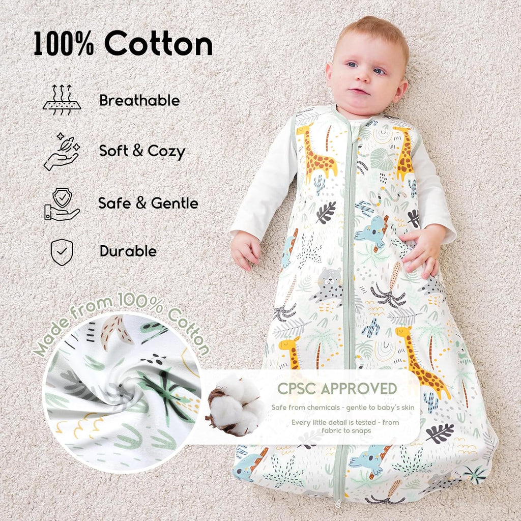 Yoofoss Baby Sleep Sack - 100% Cotton Wearable Blanket for Infants 6-12 Months | Lightweight 2-Way Zipper, Giraffe