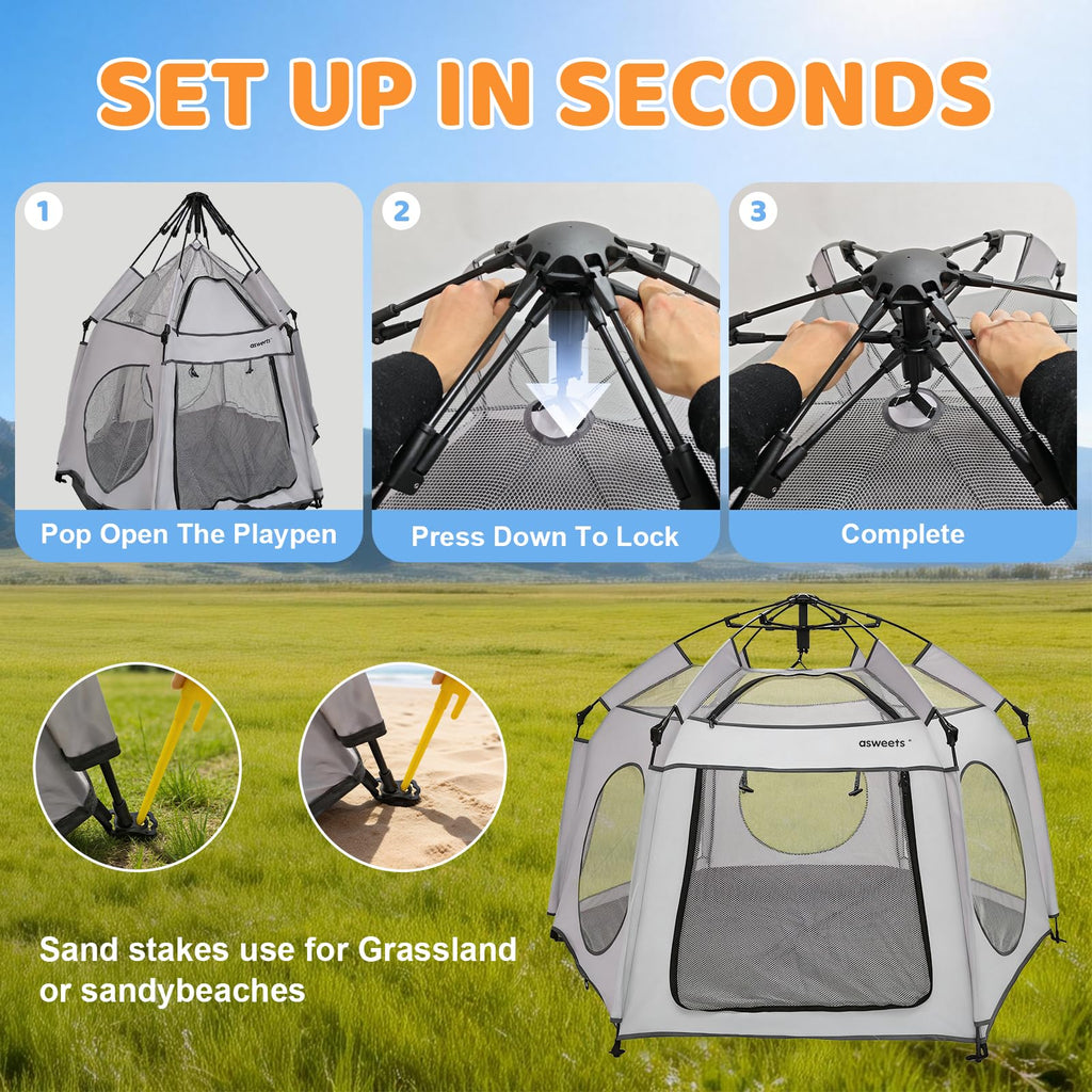 Asweets 4 in 1 Pop Up Playpen Indoor and Outdoor Portable, Lightweight Baby Playpen with Travel Bag,Baby Beach Tent and Play Toddler Play Yard Canopy(Light Grey)