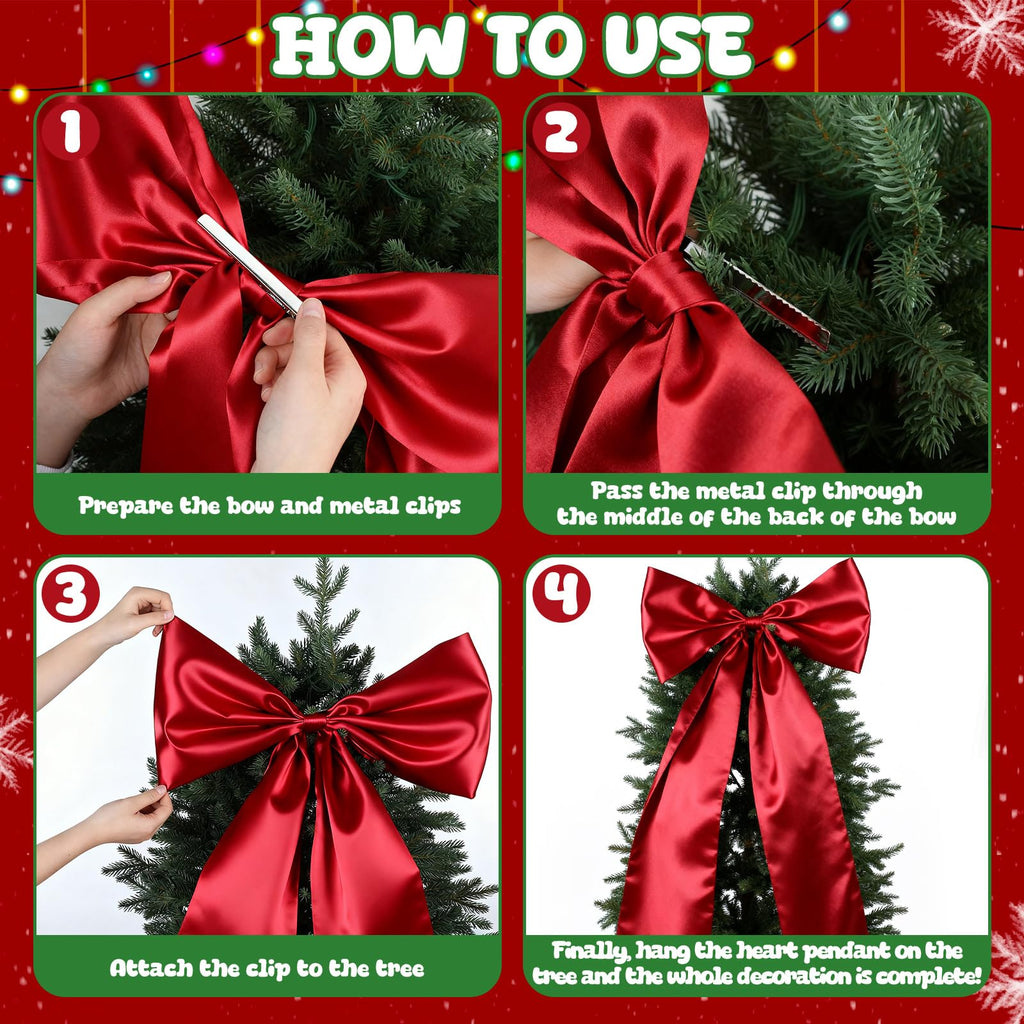 CraftyDream Valentine's Day Tree Topper Giant Bow Decor Satin 47.2 Inch with 36 Pcs Heart Ornaments Romantic Tree Decorations Ribbon Topper Bow Large Outdoor for Home Valentine's Hanging Decor(Red)