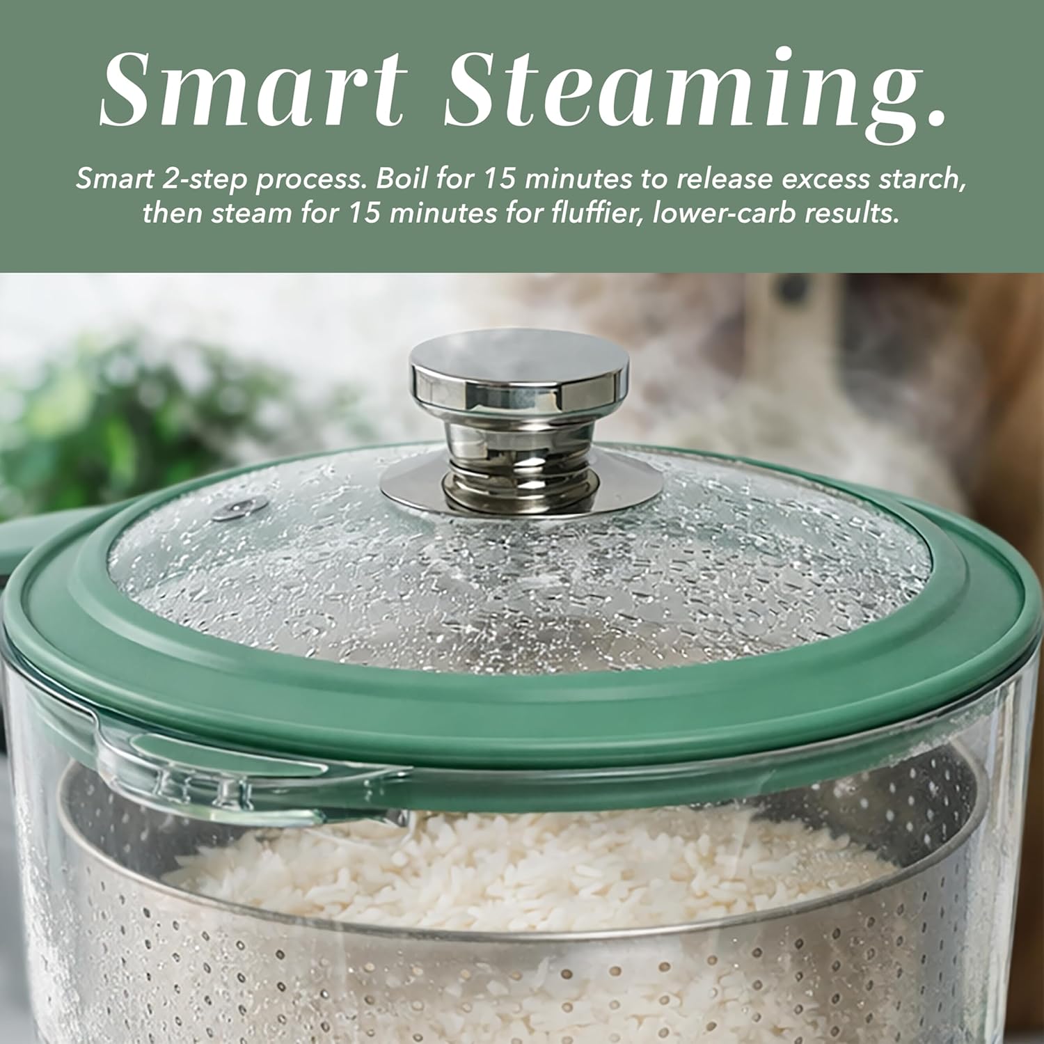 Cook With Color 3L Glass Mini Low Carb Rice Cooker - Auto Lift Filter Basket & Steamer, Dark Sage