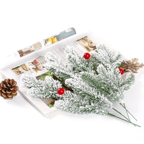 Sggvecsy 30 Pcs Snow Frosted Artificial Pine Branches Christmas Snowy Pine Needles Fake Greenery Pine Spray Picks for DIY Crafts Garland Wreath Xmas Embellishing Home Holiday Decoration