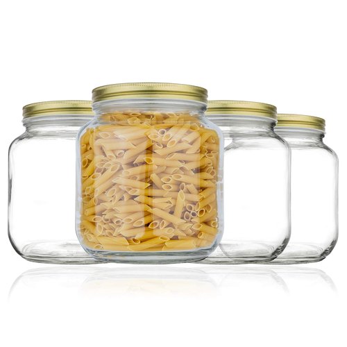 kitchentoolz Half Gallon Mason Jar Wide Mouth with Airtight Metal Lid - Safe for Fermenting Kombucha Kefir - Curing Pickling, Storing and Canning - BPA-Free Dishwasher Safe (Gold Lid, 4)
