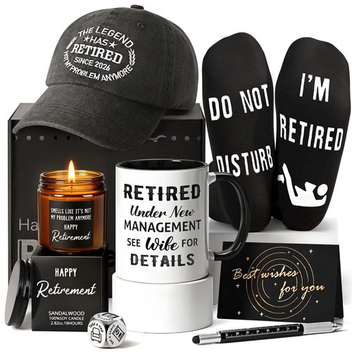 Cabtnca 8 Pcs Retirement Gifts for Men Funny Retirement Gift for Men 2026, for Coworker Dad Boss Grandpa Teachers, Includes Mug Hat Candle Socks Dice Pen Greeting Card, Retired Gifts for Man
