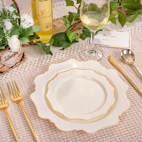 WDF 200PCS Ivory Plastic Plates with Gold Rim - Cream Plastic Plates - Include 100 Dinner & 100 Dessert Fancy Disposable Plate for Party - Heavy Duty Plate for Wedding Baby Shower Spring
