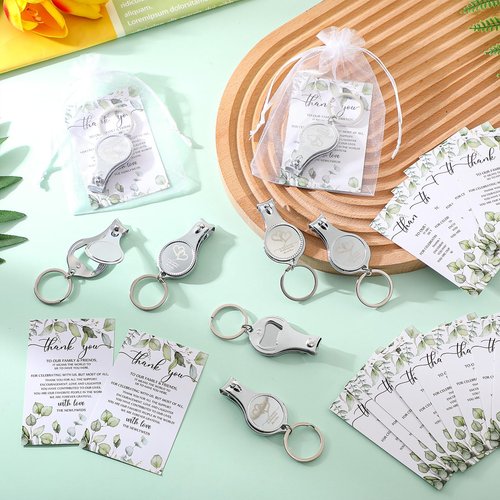 Fulmoon Wedding Multi Function Bottle Opener Nail Clipper Wedding Favors Brewery Cards White Organza Bags for Party Supplies Gift Souvenir Guests Men Women (150 Sets)
