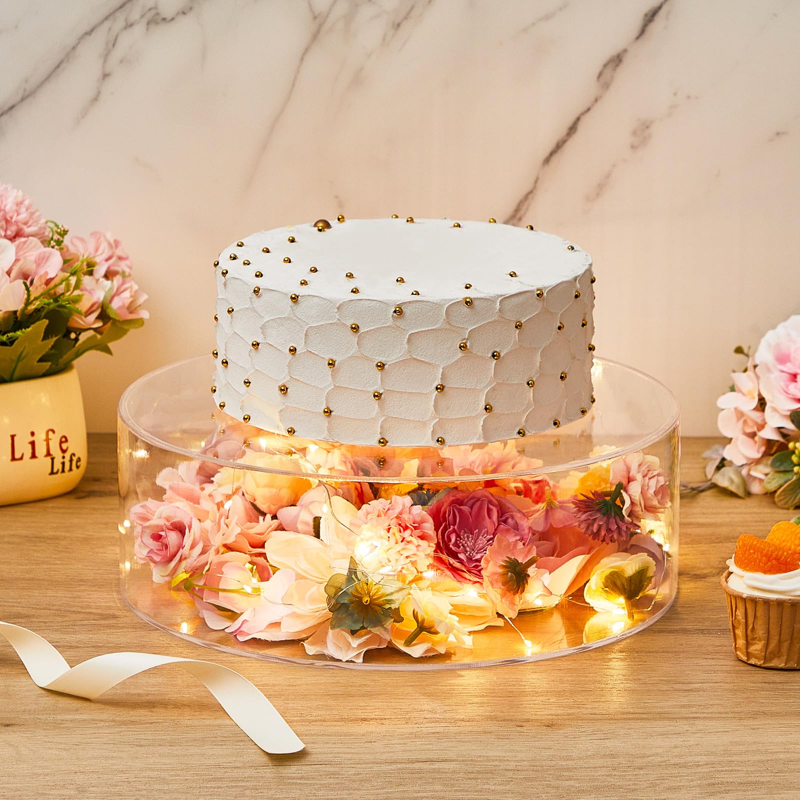 Sunnyray 2 Pcs Acrylic Cake Stands for Dessert Table Clear Fillable Cake Riser Cupcake Tier with LED Strings for Birthday Wedding Holiday Party Display(10", 14")
