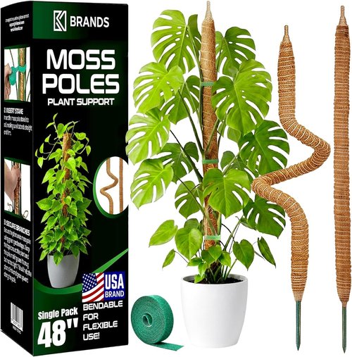 K-Brands 48'' Bendable Moss Pole | Monstera Plant Support - Durable Coconut Palm Fiber - Brown