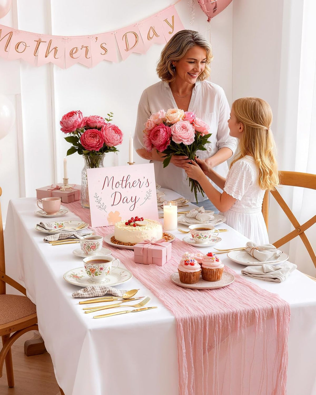 Pureegg Cheesecloth Table Runner - 120'' Boho Gauze for Easter, Baby Shower & Wedding | Dusty Pink