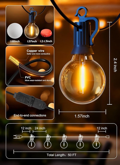 Brightown Outdoor String Lights - 50FT Shatterproof Globe LED Lights | IP65 Waterproof & Dimmable for Patio, Backyard, Bistro, Deck, Balcony