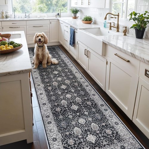 Hallway Washable Runner Rug - Vintage Soft Non-Slip Floor Mat for Kitchen & Entryway | 3x10 Black