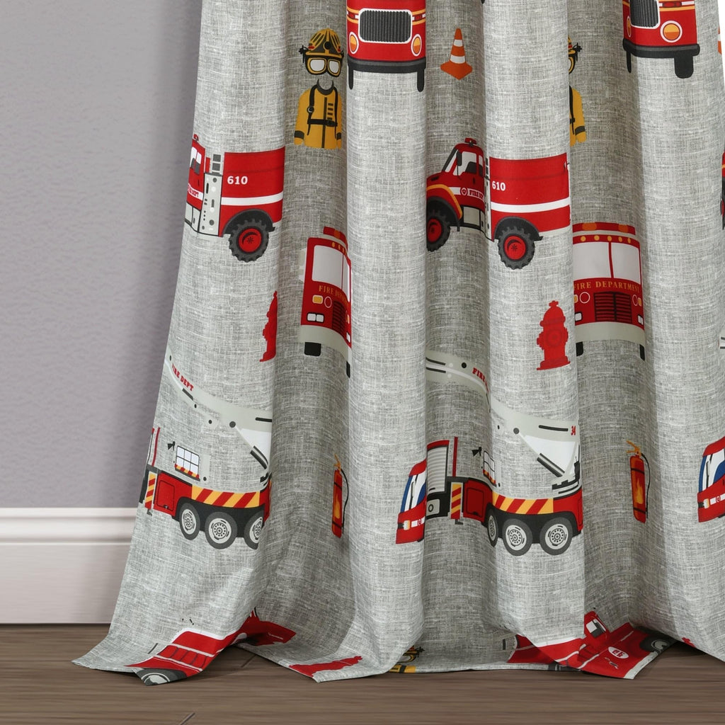 Lush Decor Fire Truck Window Curtain Panel, Pair, 52" W x 84" L, Red & Gray - Curtains for Kids Room
