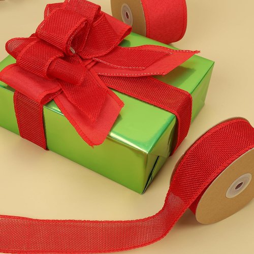 LaRibbons Red Burlap Wired Ribbon - 2.5 Inch x 12 Yards for Crafts, Wreaths, Bows & Gift Wrapping