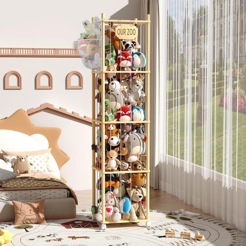 UAMFURI Stuffed Animal Storage with Net Wooden Toy Storage Organizer Stuffed Animal Zoo Storage with Lockable Wheels for Toddler Rooms, Playrooms & Bedrooms (4-layers)