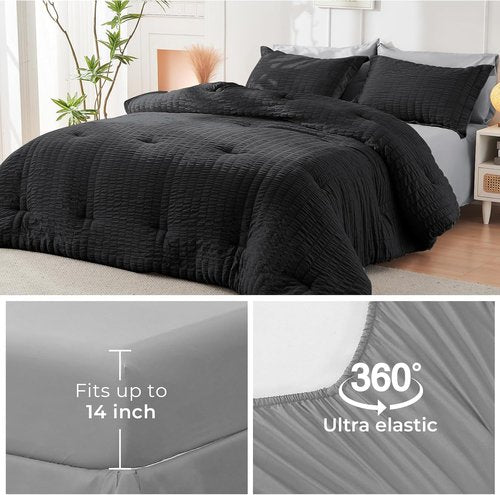 HYMOKEGE Full Size Comforter Set - Luxury 7-Piece All-Season Bedding in Black/Light Grey