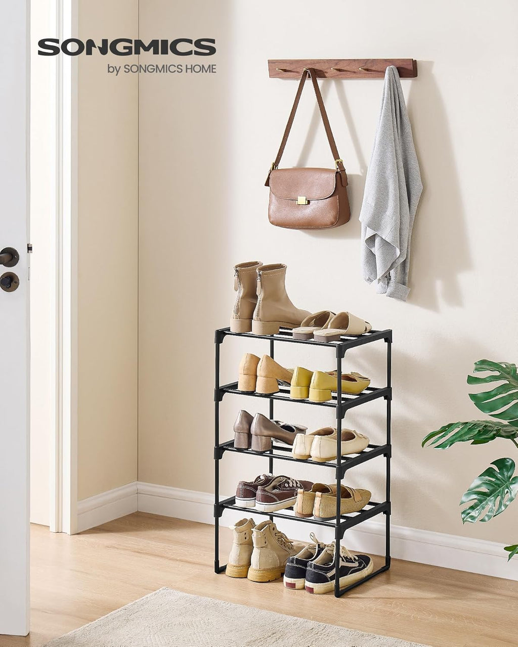 SONGMICS 4-Tier Shoe Rack - Stackable Metal Organizer for 5-10 Pairs | Black, 11.8 x 16.7 x 28.2 Inches