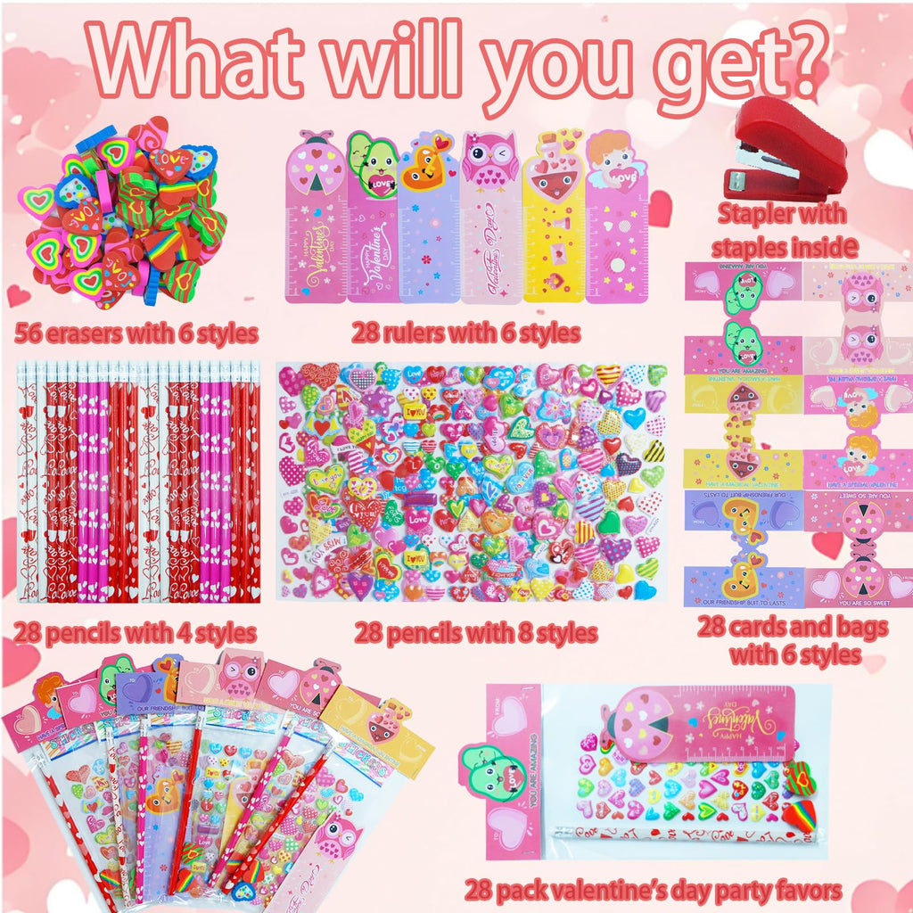 Decodinli 28 Pack Valentines Day Gifts for Kids - Valentine's Day Party Favors for School Exchanges Gifts with Erasers, Pencils, Stickers and Rulers, Valentine's Day Stationery Set with Gift Card