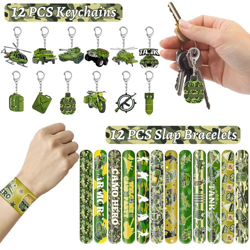 122 PCS Army Party Favors, Military Camo Temporary Tattoos Slap Bracelets Keychains Stickers Badges Goodie Bags Soldiers Figures for Army Birthday Party Decorations Gifts for Kids Classroom Rewards