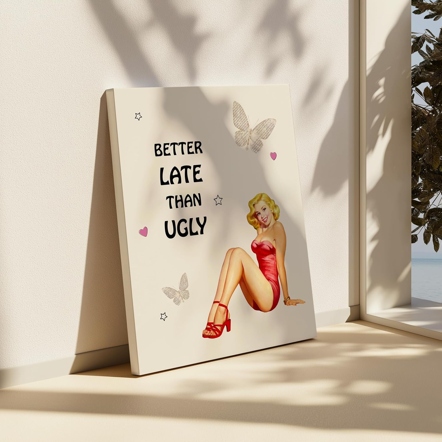 Poster Master Pin-Up Girl Canvas - Retro 'Better Late Than Ugly' Print - Trendy Burlesque Art | Humorous Gift for Men & Women - Available in 8x10 to 30x40