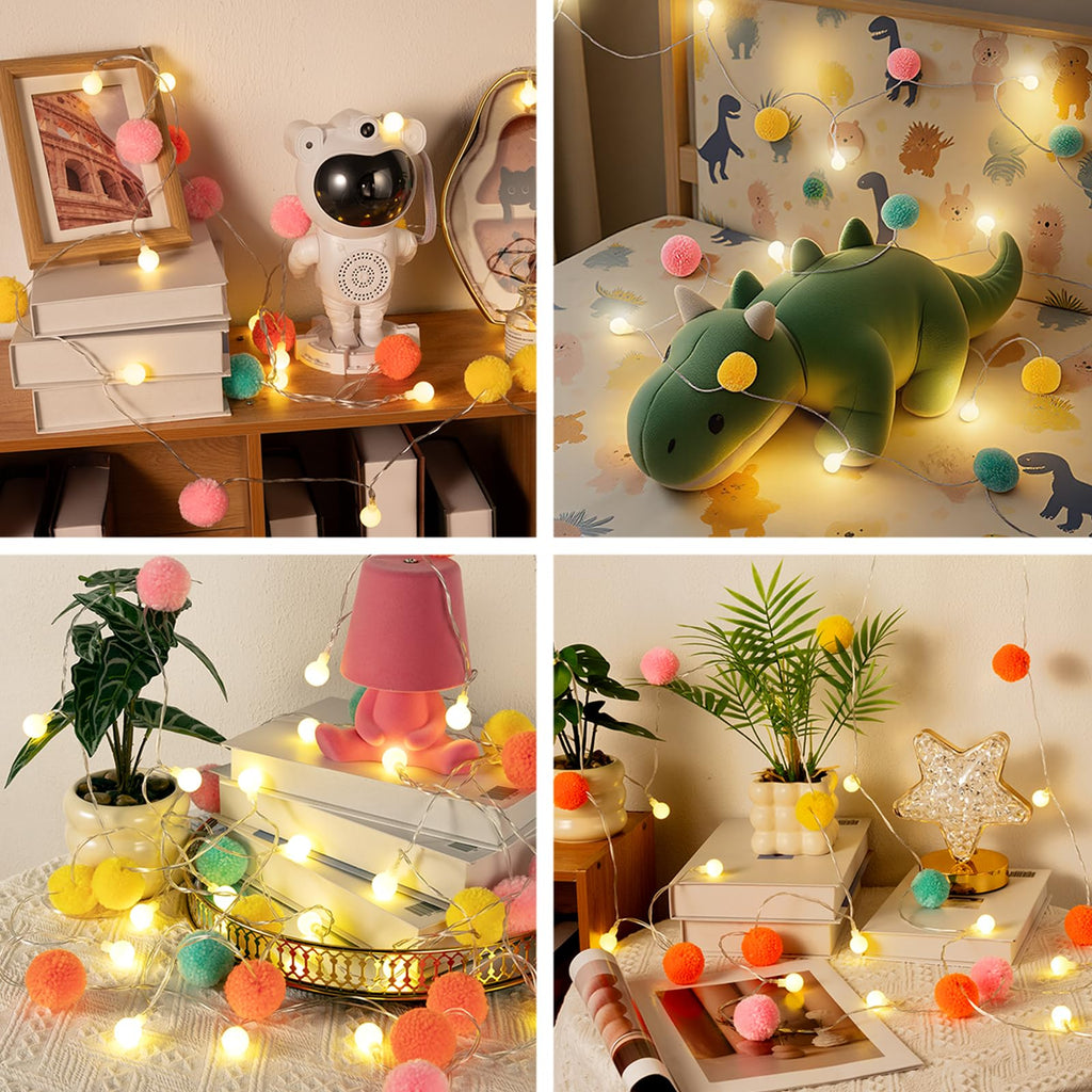 LED Pom Poms Fairy Lights - 21Feet, 20 LED, Battery Operated, Warm White Globe Lights Cute for Home,Kids Playhouse, Holiday, Christmas, Kids Room Party Birthday Wedding Valentines Decorations