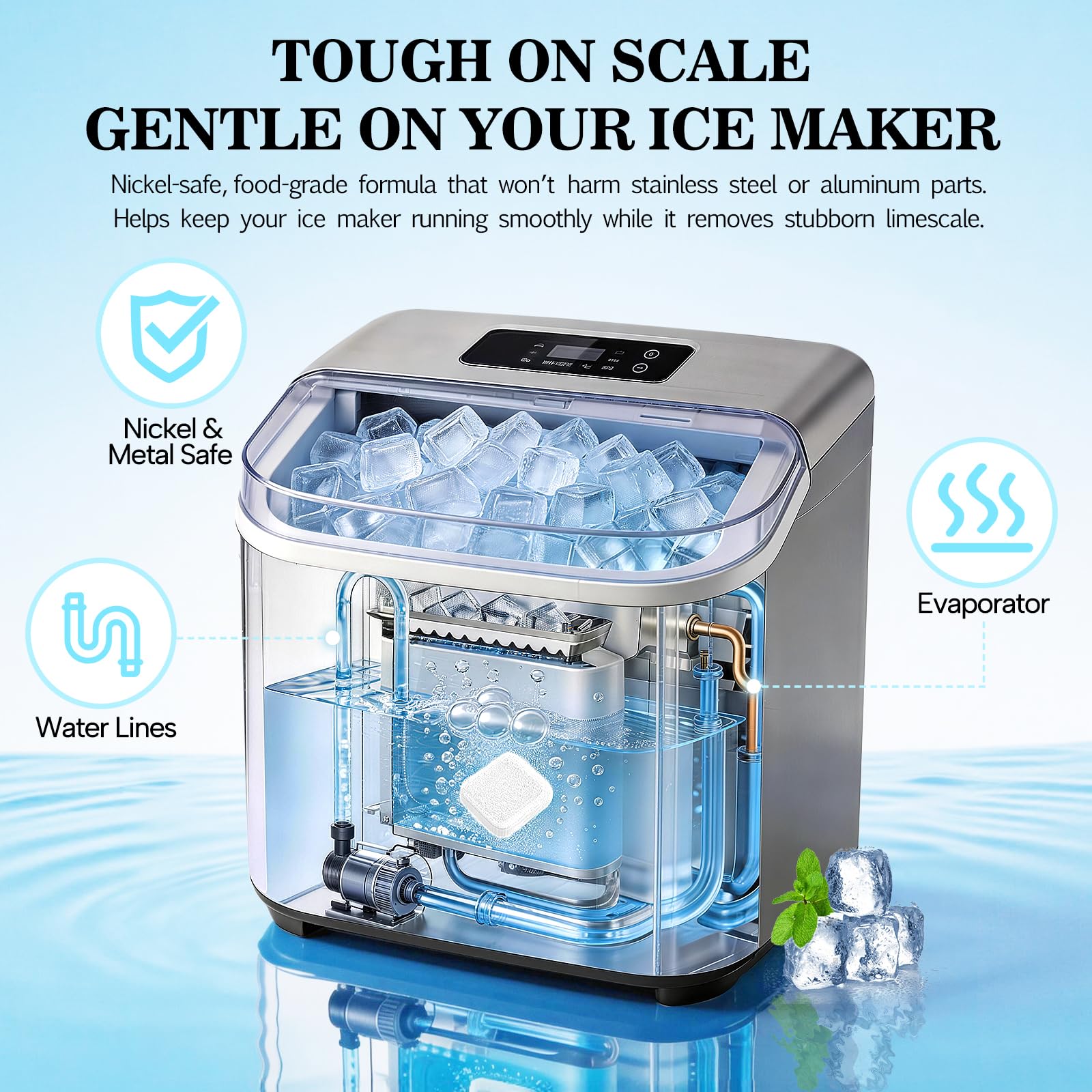 Bellaluce Ice Machine Cleaner Tablets Descaler (32 Pack) – Nickel-Safe Countertop Portable Commercial Ice Maker Cleaning – Remove Hard Water Buildup, Odor-Free, Crystal Clear Ice