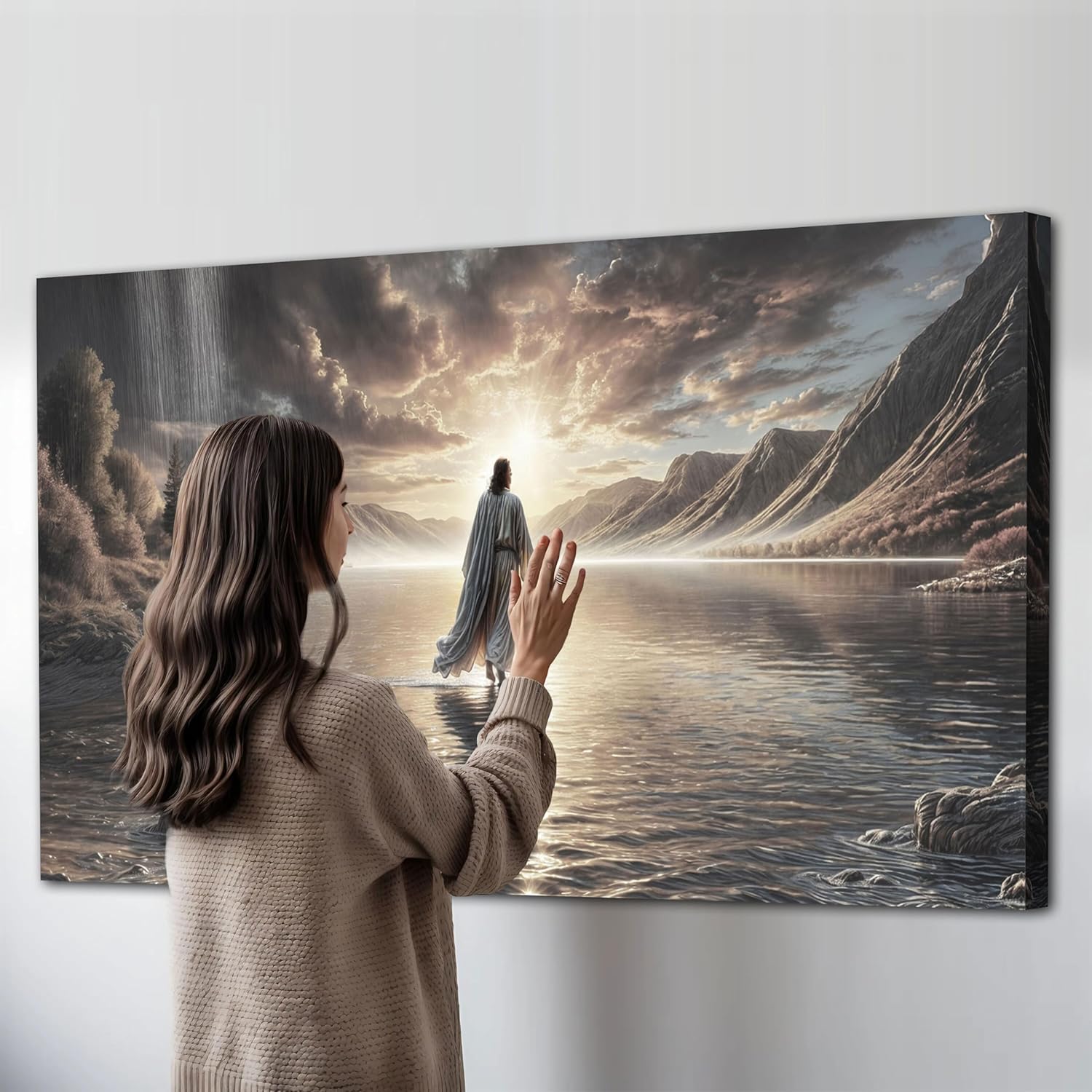 TAILORED CANVASES Jesus Walking on Water Wall Art - Framed Christian Canvas Decor for Home or Church | 48x24