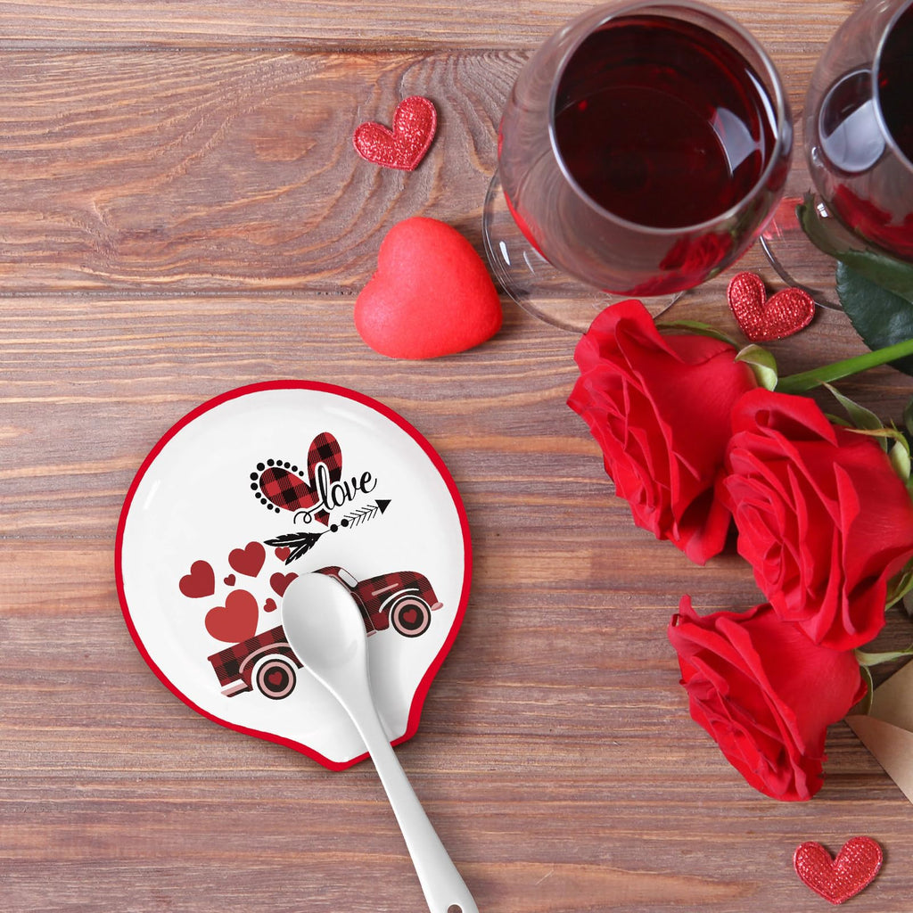 4.7inch Valentine Ceramic Spoon Rest Red Plaid Truck Heart Love Coffee Spoon Holder for Valentine's Day Coffee Stirrers Teaspoon Bar Coffee Station Accessories
