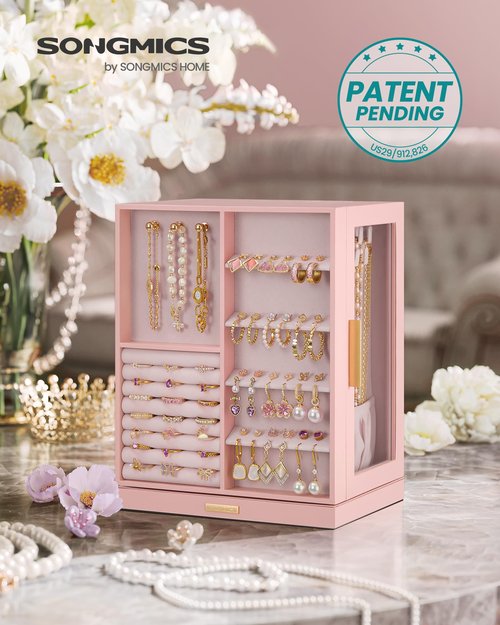 SONGMICS Jewelry Box 360° Rotating, Jewelry Storage Case with 5 Drawers, Jewelry Organizer, Glass Window, Spacious, Vertical Jewelry Storage, Open Design, Great Gift, Jelly Pink UJBC170R01
