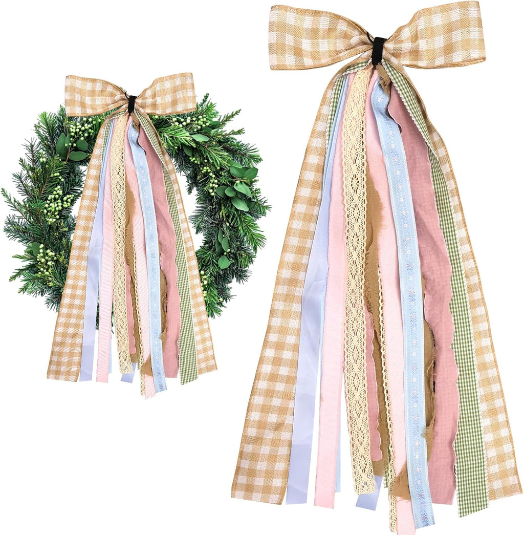Skiennix Large Fall Ribbons Bow - Assorted Orange & White Buffalo Plaid Fabric Ribbons for Thanksgiving Decor