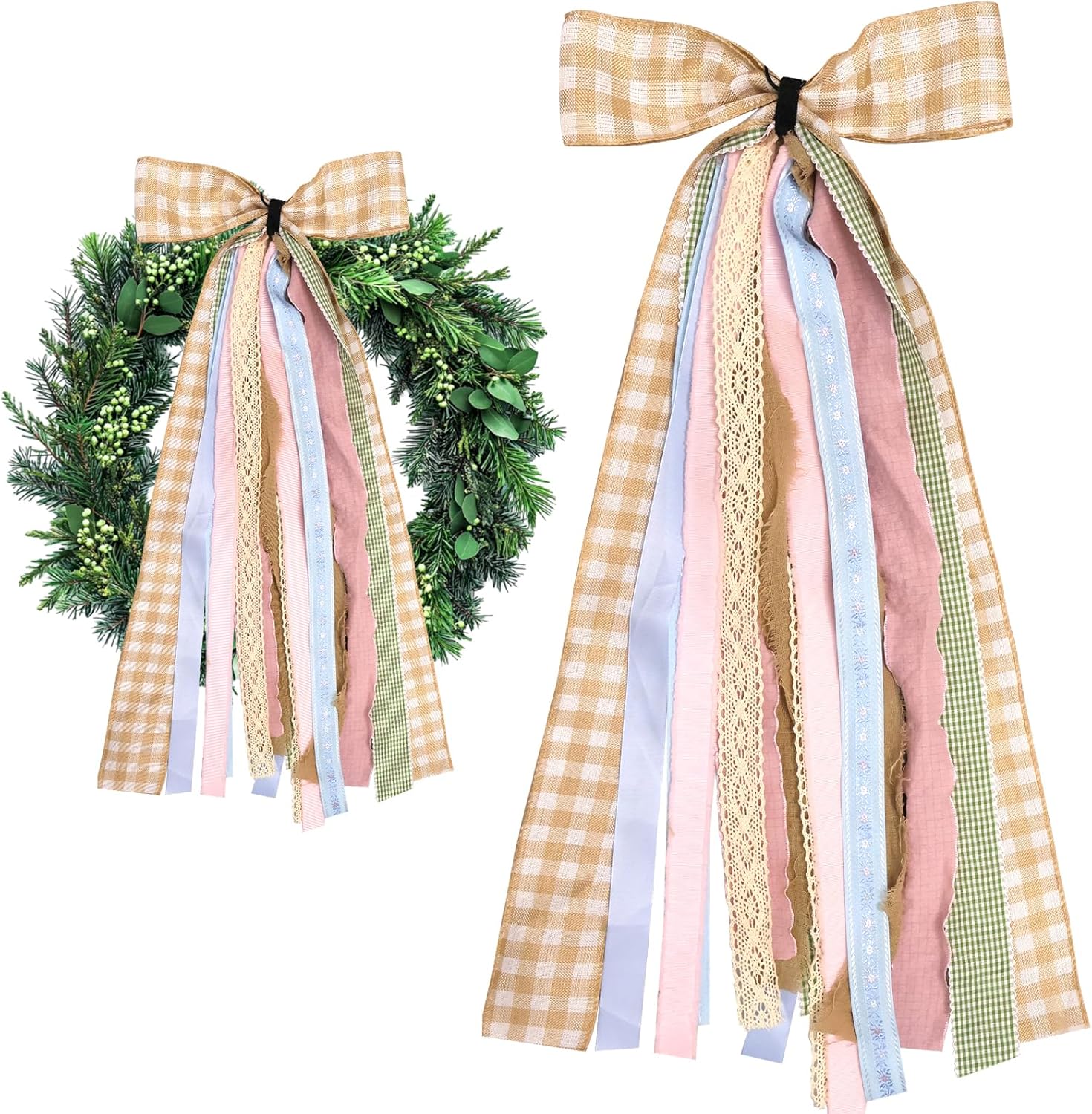 Skiennix Large Fall Ribbons Bow - Assorted Orange & White Buffalo Plaid Fabric Ribbons for Thanksgiving Decor