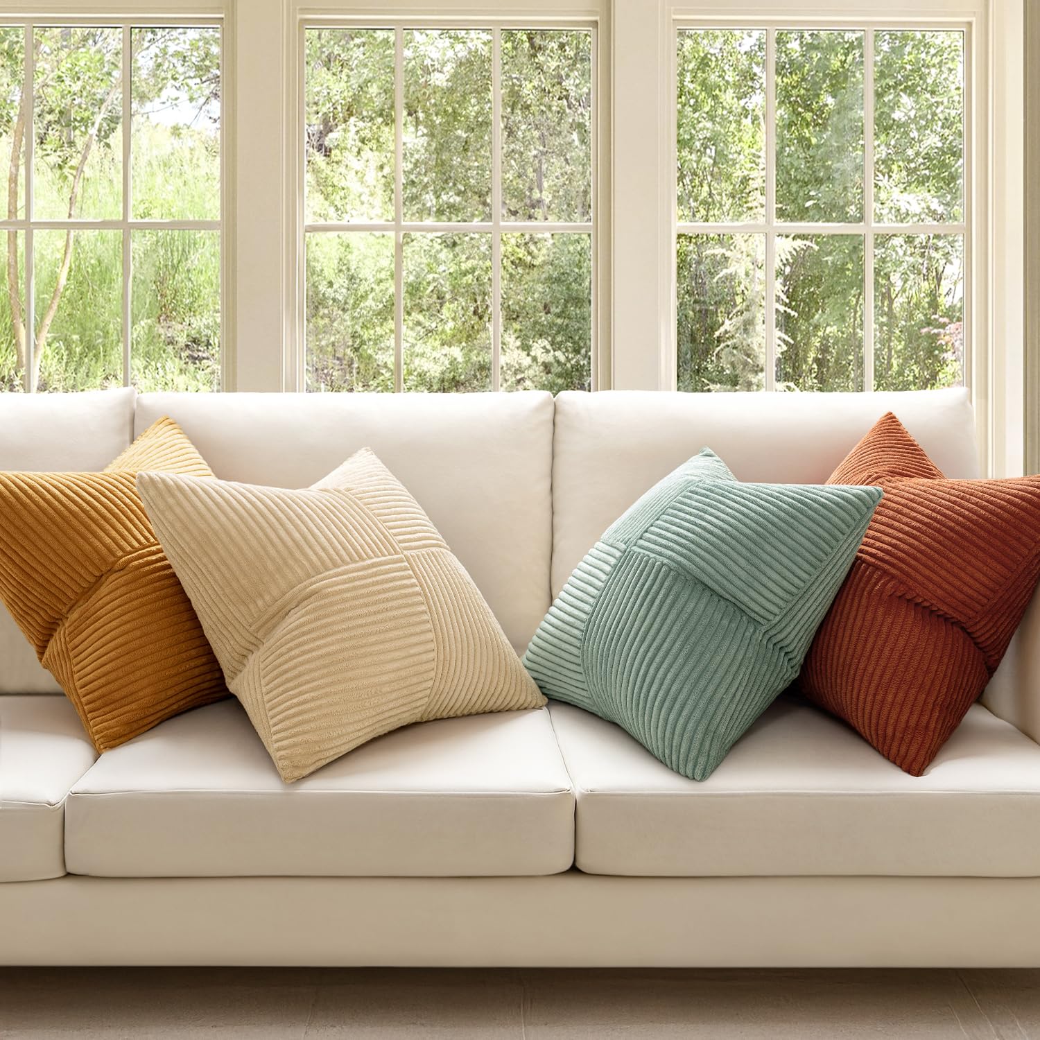 MIULEE Teal Orange Decorative Throw Pillow Covers 18x18 Inch Set of 4 Boho Corduroy Striped Cushion Cases Modern Farmhouse Patchwork Pillow Cases for Couch Sofa Bedroom Home Decor