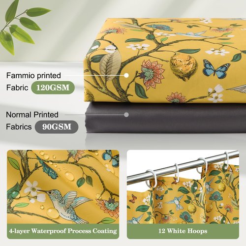 Fammio Floral Bird Shower Curtain, Boho Yellow Shower Curtain 72x72, Hummingbird Jungle Victorian Farmhouse Botanical Shower Curtain for Bathroom, Chic French Country Style