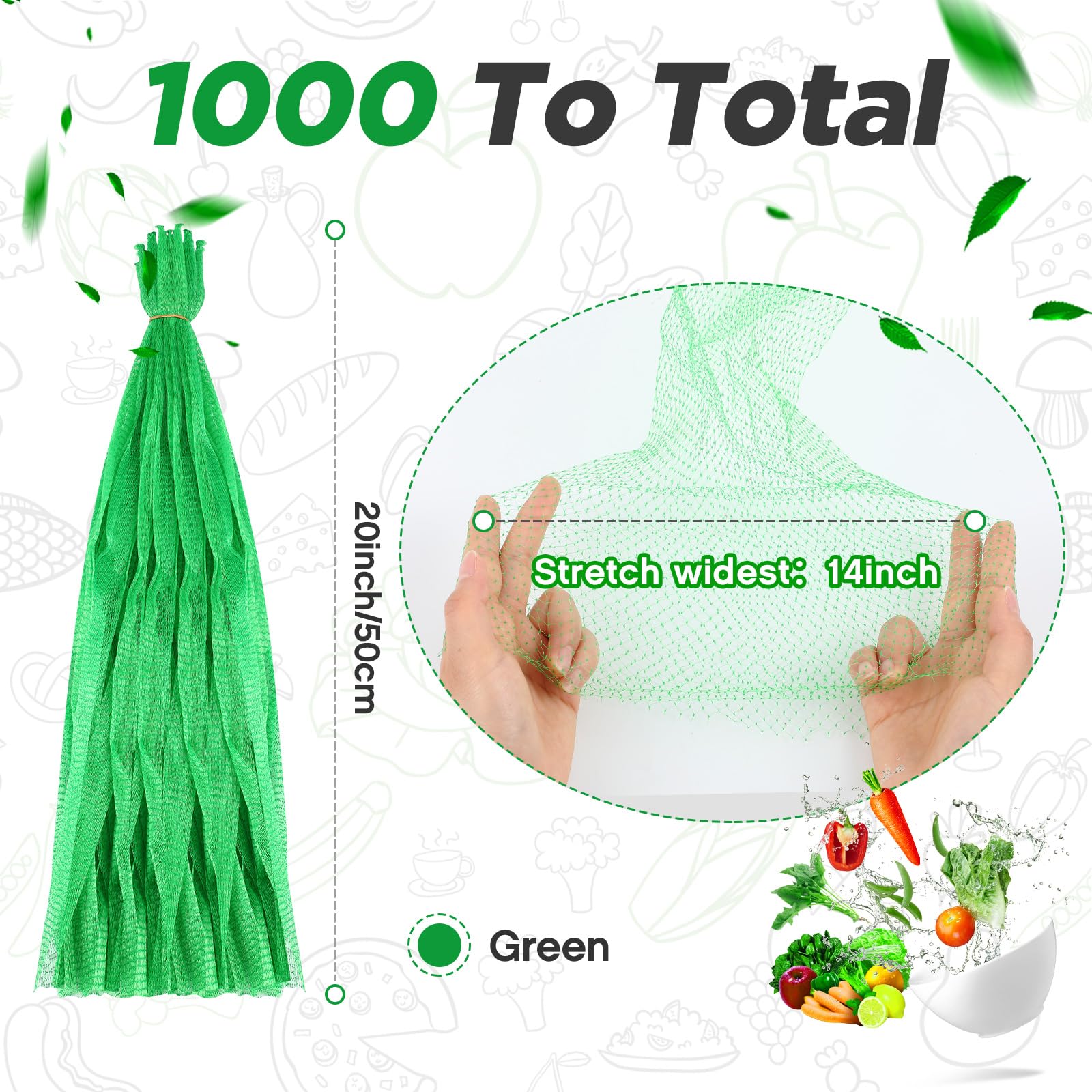 Windyun 1000 Pcs 20 Inch Mesh Bags for Vegetables Mesh Produce Bags Reusable Nylon Netting Bulk, Fits Storage Egg Vegetable Seafood Fruits Grocery (Green)