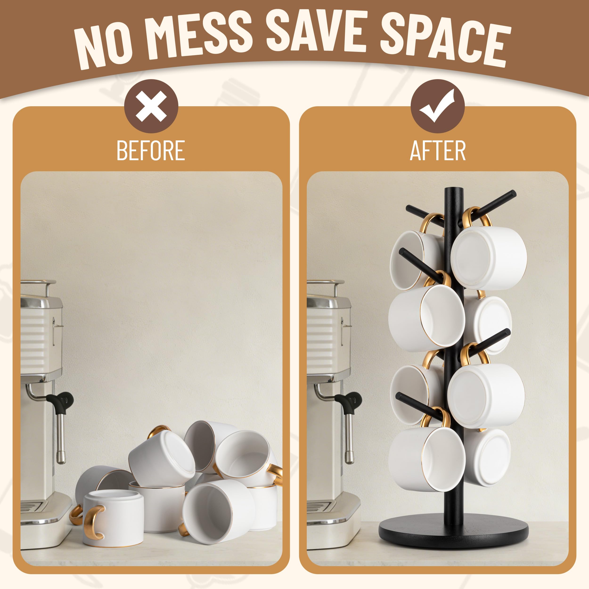 MyLifeUNIT Mug Holder Tree, 360° Rotated Coffee Cup Holder with 8 Hooks, Wooden Mug Rack Stand for Counter Top, Coffee Bar Accessories (Black)