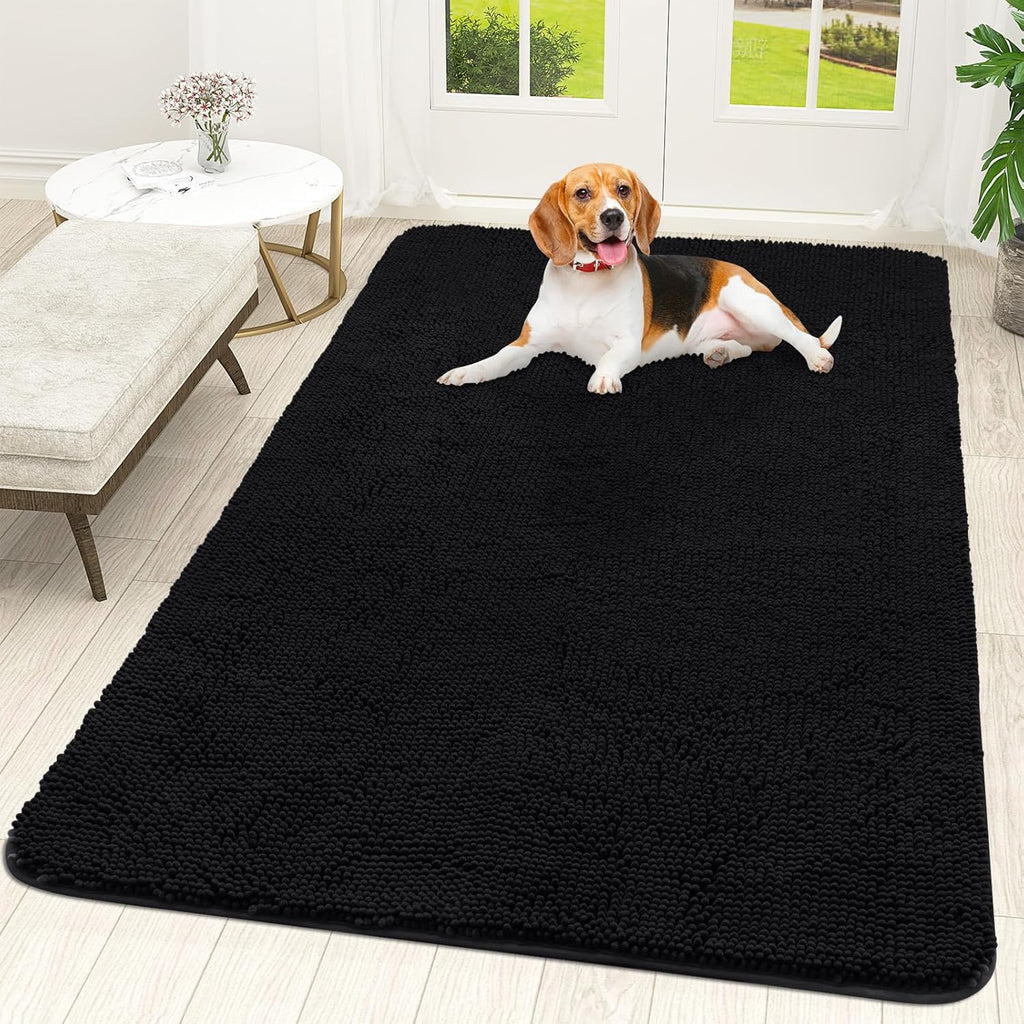 OLANLY Dog Door Mat - Absorbent Non-Slip Chenille Mat for Muddy Paws | 70x46 Inches, Quick Dry, Black