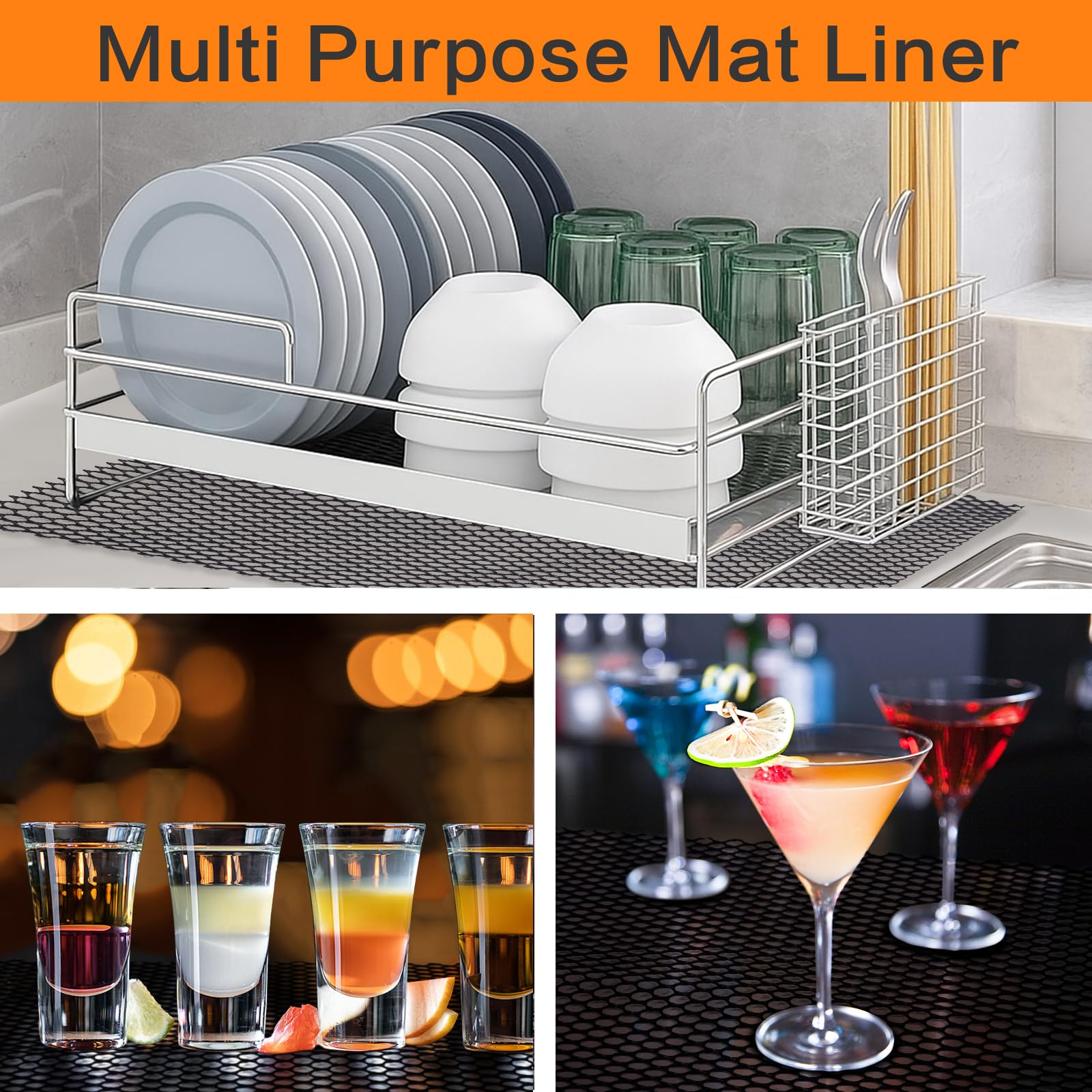 Bar Shelf Liner for Countertop, Glass Drying 24 Inch Wide Plastic Mesh Liners Mat, Non Slip Bar Mats Cabinet Liner for Pub Shelves Cupboard, 61X500CM, Black