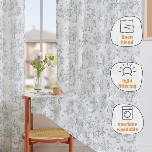 Vangao Easter Sage Green Nursery Curtains for Kids Room Linen Curtains 72 Inch Long Farmhouse Drapes with Bunny Woodland Wildlife Print Light Filtering French Country Forest 2 Panels