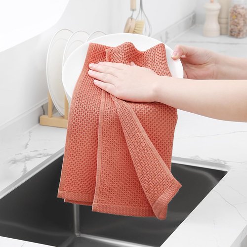 Homaxy 100% Cotton Waffle Weave Kitchen Dish Towels - Ultra Soft & Absorbent, 13 x 28 Inches, 4-Pack | Coral