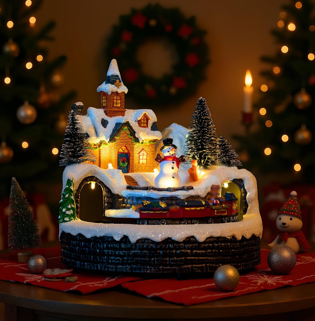 Skiennix Animated Musical Christmas Village Figurines - LED Lights & Rotating Train | Holiday Home Decor