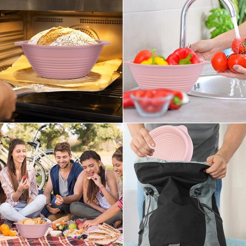 2-Pack All-in-One Silicone Bread Proofing Baskets for Sourdough, Foldable Proofing & Baking Bowls with Dual Handles & Built-In Reinforced Rim, Oven & Dishwasher Safe, BPA-Free (Green+Pink)