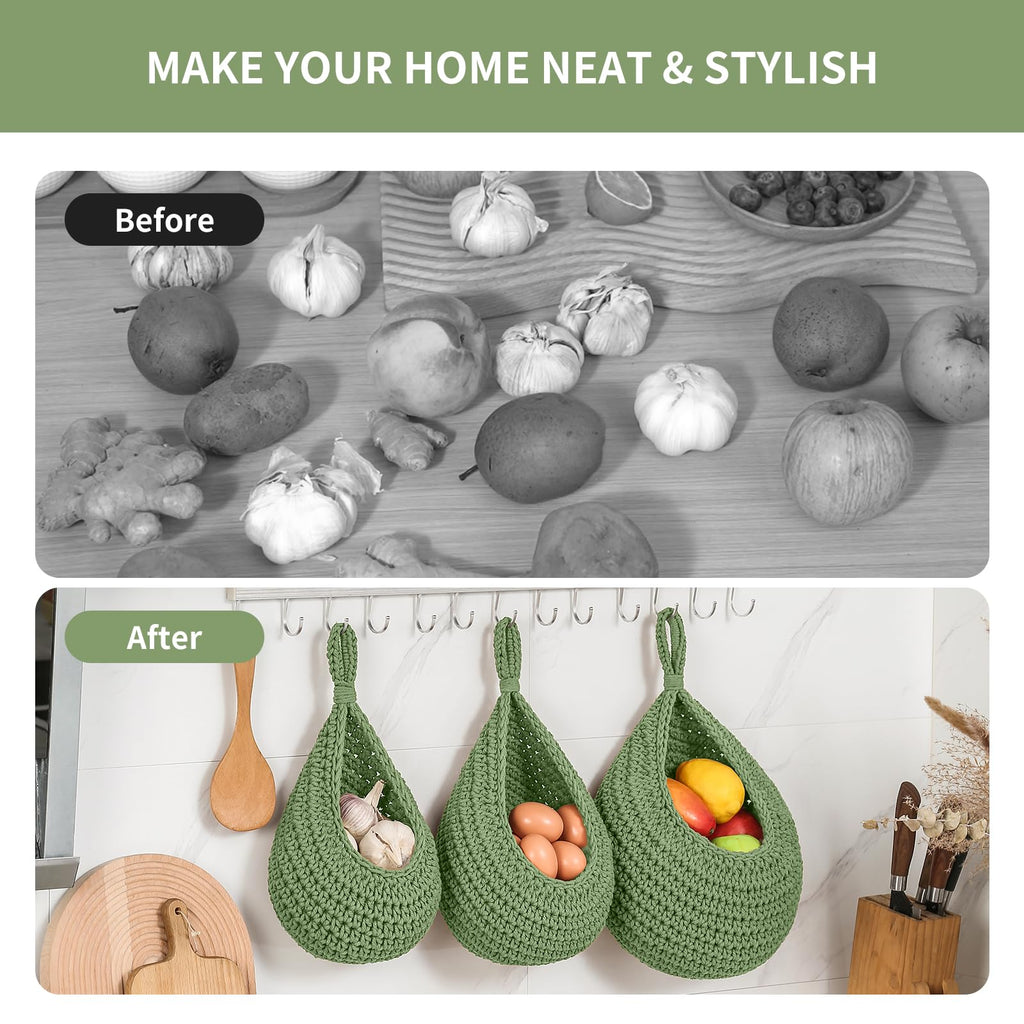 Boho Wall Hanging Fruit Baskets for Kitchen 3 Pack Woven Produce Holder with 6 Pcs Strong Hooks Vegetable Hanging Basket for Organizing Teardrop Home Wall Potato Onion Storage, Green