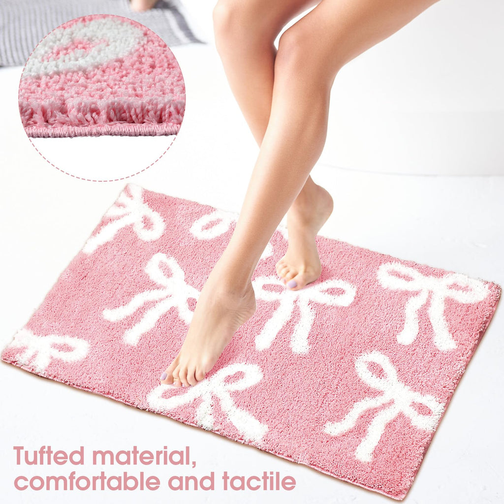 Tinideya Pink Bow Bathroom Rug 20 x 32 Inch Coquette Cute Bath Mat for Bathroom Non Slip Absorbent Bow Bath Mat for College Dorm Vanity Shower Bedroom Kitchen Bedroom Decor Valentine's Day Gifts