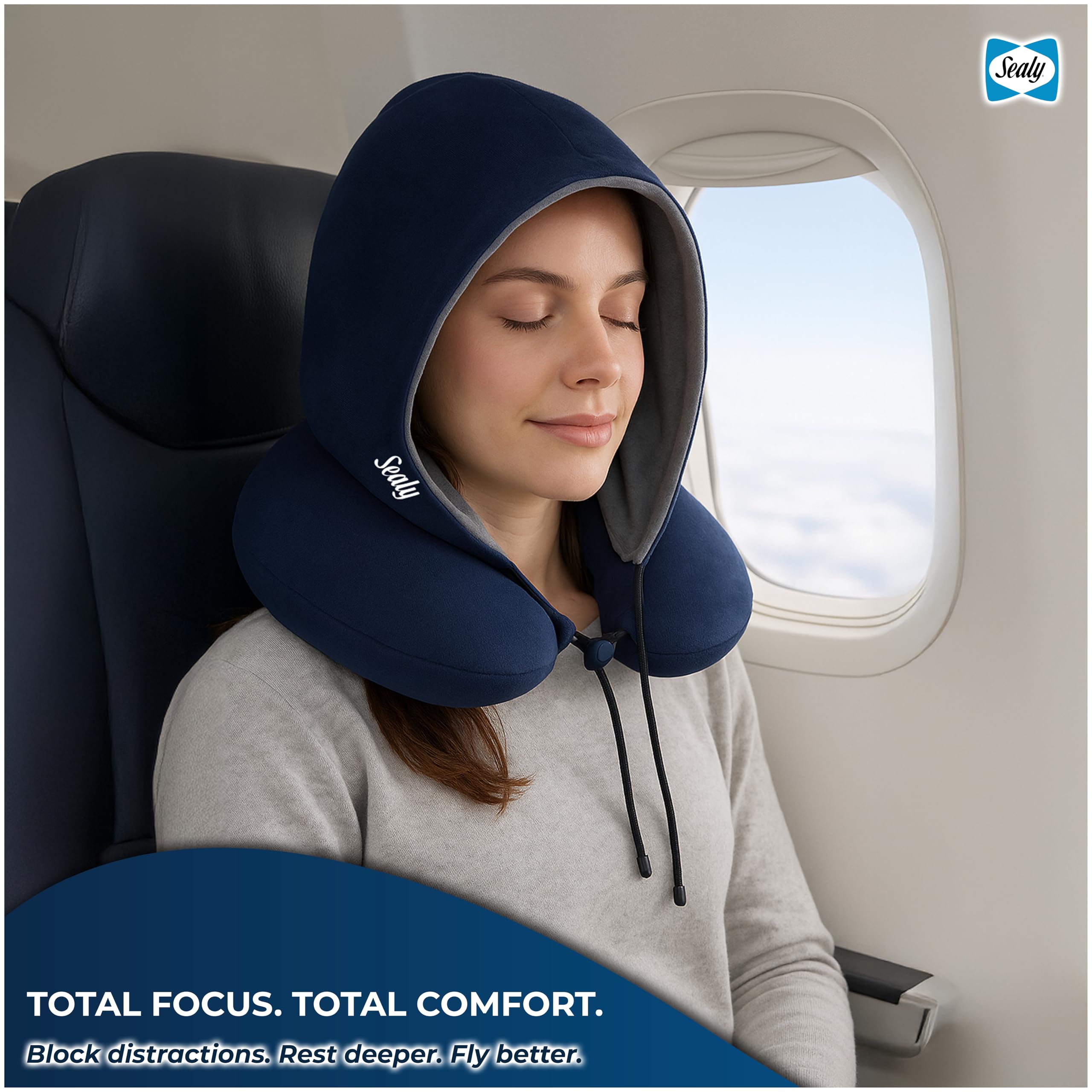 Sealy Travel Pillow - Airplane Neck Pillow with Hood, Travel Neck Pillow for Airplanes, Memory Foam Travel Pillow, Premium Support Travel Pillows for Long Flights