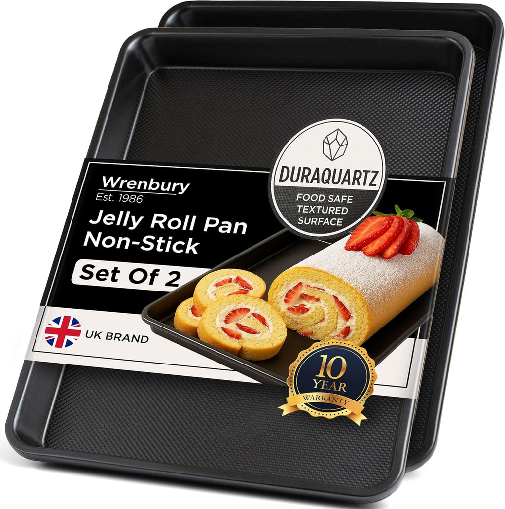 Wrenbury Jelly Roll Pan Set of 2 - Non-Stick DuraQuartz Baking Sheets, 15x10 Carbon Steel