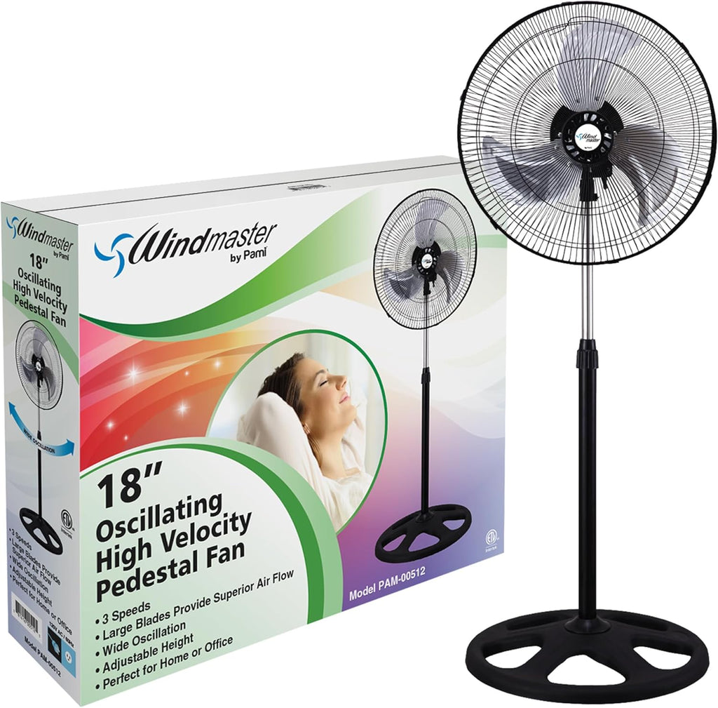 PAMI 18” High-Velocity Oscillating Pedestal Fan - Portable 3-Speed Floor Fan with Adjustable Height | Powerful Airflow for Home & Office, Black